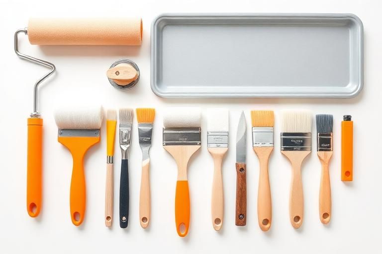 Rolos, pincéis e bandeja de pintura